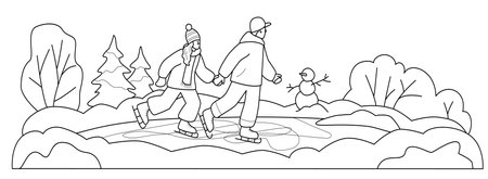 Boy with girl skating on the rink holding hands. Vector illustration isolated in line style.のイラスト素材