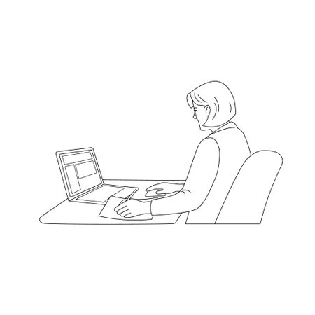 Business woman is working at a laptop. Back view.Vector isolated illustration in line art styleのイラスト素材