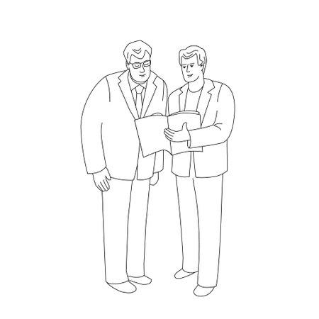 Business elderly man and young man standing and talking. Vector illustration isolated in line art styleのイラスト素材