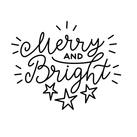 Merry and Bright Lettering, black letters on white background. Monoline hand written calligraphy style. For poster, banner, card for winter holidays.のイラスト素材