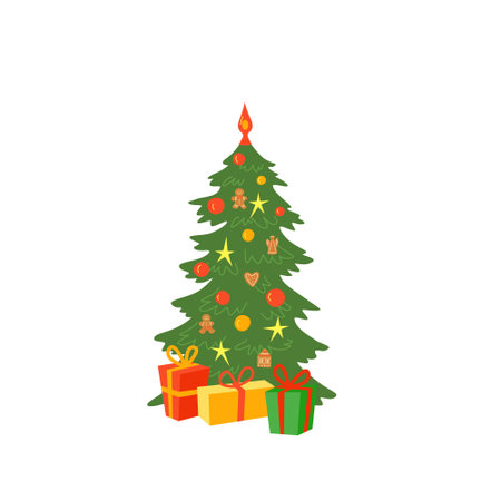 Christmas tree with gift boxes. Colorful vector isolated illustration on the white backgroundのイラスト素材