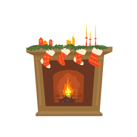 Fireplace decorated by socks, candles. Colorful vector isolated illustration on the white backgroundのイラスト素材