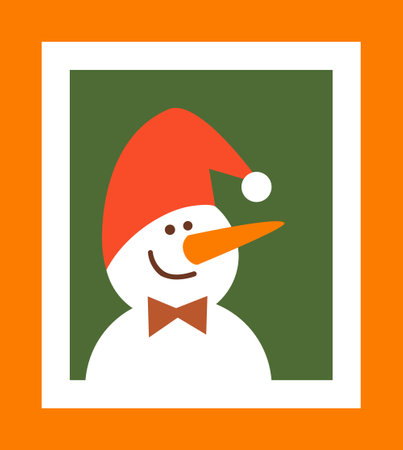 Portrait of funny smiling snowman in red hat. Colorful vector illustration.のイラスト素材