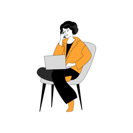 A woman is sitting on a chair, typing on a laptop and speaking over the smartphone. Vector color illustration in filled outline style.のイラスト素材