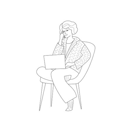 A woman is sitting on a chair, typing on a laptop and speaking over the smartphone. Vector illustration in outline style.のイラスト素材