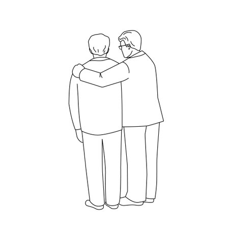 Two adult business men are standing. Business man in suit supports colleague. Back view. Vector illustration in line art style.のイラスト素材