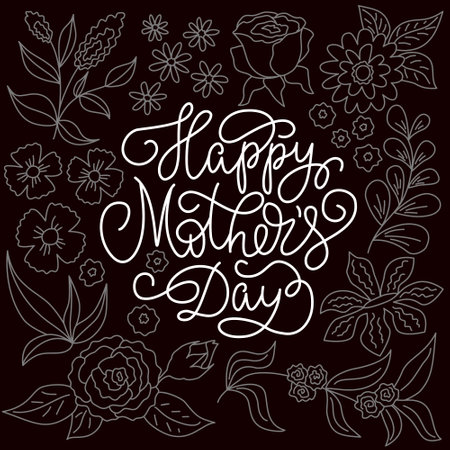 Greeting card with floral design and lettering Happy Mothers Day in line doodle style. Vector illustration in black and white chalk effect.のイラスト素材