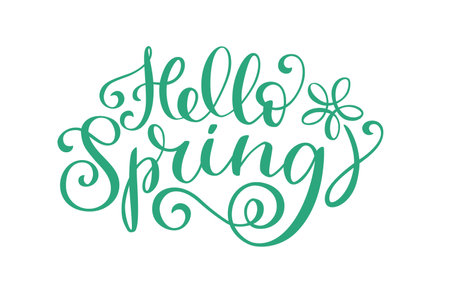 Hello Spring lettering in script style. Brush hand written calligraphy style with flourishのイラスト素材
