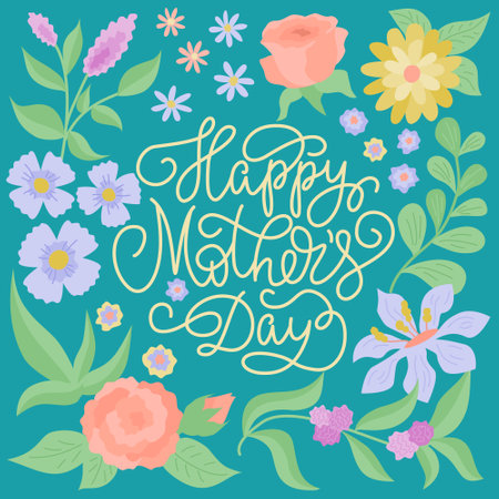 Greeting card with floral design and lettering Happy Mothers Day in line style. Vector color illustration.のイラスト素材
