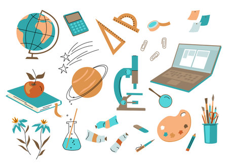 Set of school-related vector illustrations: globe, microscope, laptop, books, stationery, art tools, and science elements in a colorful, flat cartoon style.のイラスト素材