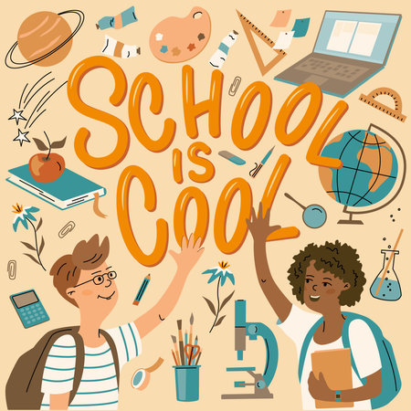 Vector poster with cheerful schoolchildren, "School is Cool" text, and colorful school supplies. Fun back-to-school concept with science, art, and learning elements in cartoon style.のイラスト素材