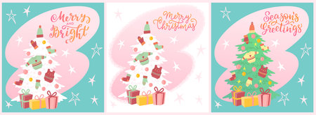 Greeting card, poster with Cozy Christmas vector illustration. Festive tree decorated with knitwear and gifts boxes.のイラスト素材