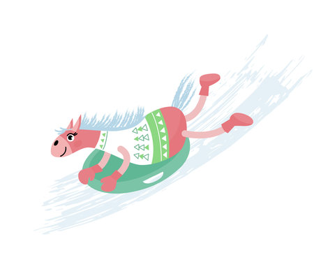 Cute festive illustration of a pink horse sliding downhill on a snow tube. Playful holiday character in flat style, perfect for Christmas, New Year, celebrations, cards, and kids designs.のイラスト素材