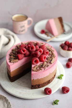 Chocolate and raspberry mousse cake with fresh raspberries on the top.の写真素材