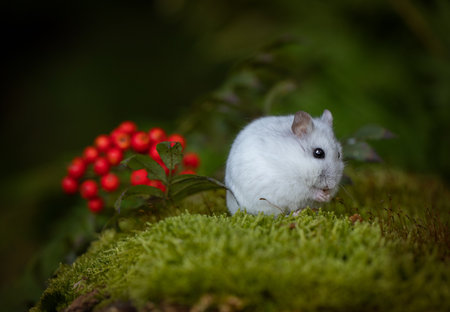 little hamster on a green meadow in the forestの写真素材