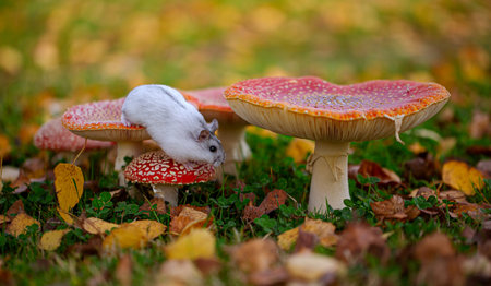 little hamster sitting on a fly agaric in a green meadowの写真素材