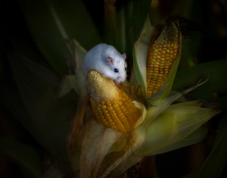 white mouse on a ripe corncob