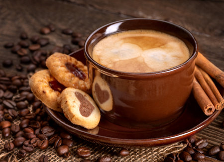 coffee with milk in a ceramic brown cup with cookies on a saucerの写真素材