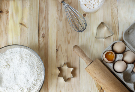 Natural products. Flour, eggs, all for a tasty cookies. Top view