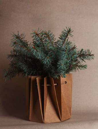 Christmas composition of spruce branches in craft box on a beige-gray background. Vertical orientation.の写真素材