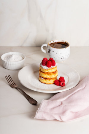 Breakfast- cheesecakes with raspberries and coffeeの写真素材