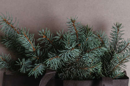 Bouquet made of coniferous, fir tree branches in bag on gray background. Christmas composition. New year concept. Top view, copy space.の写真素材