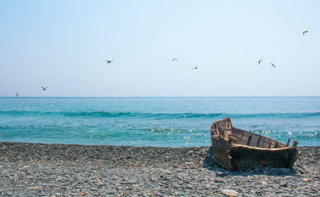 old wrecked boat on the coastの写真素材