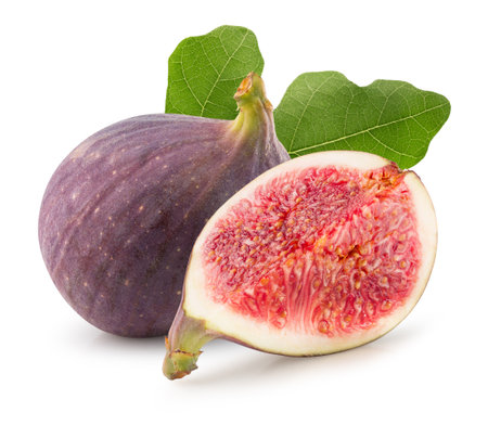figs with slice and leaves isolated on a white background.の写真素材