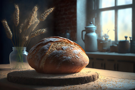 illustration of freshly baked bread on table in the kitchen.の素材