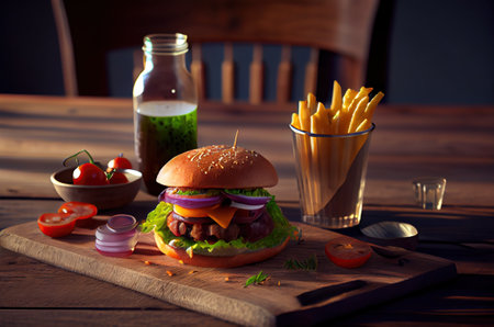 illustration of the big tasty burger with french fries and drink.の素材