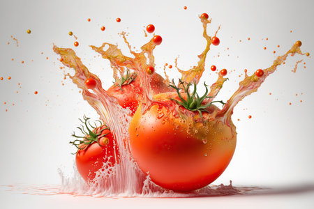 illustration of the tomatoes with juice splash on a white background.の素材