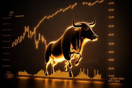 illustration of a golden bull on financial graphs background.の素材