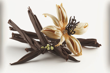 illustration of a vanilla flower and sticks on a white background.の素材
