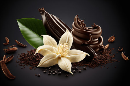 illustration of a vanilla flower and sticks on a black background.の素材