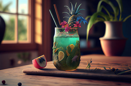 illustration of the blue cocktail on the beach.の素材