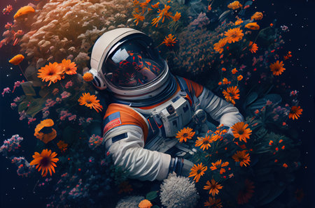 illustration of the spaceman in space suit on the meadow.の素材
