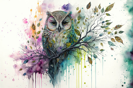 illustration of the watercolor drawing colorful owl.の素材