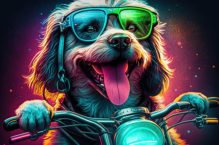 illustration of the happy dog in glasses riding a motobike.の素材