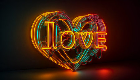 bright heart-shaped neon sign with love word.の素材