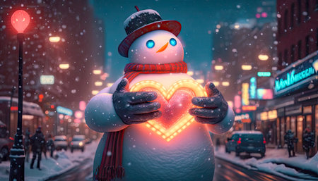 snowman with sparkling heart on the street.の素材