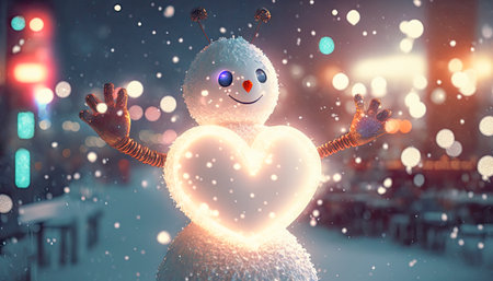 snowman with sparkling heart on the street.の素材