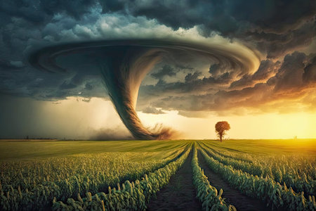 tornado in a field with a lone tree.の素材