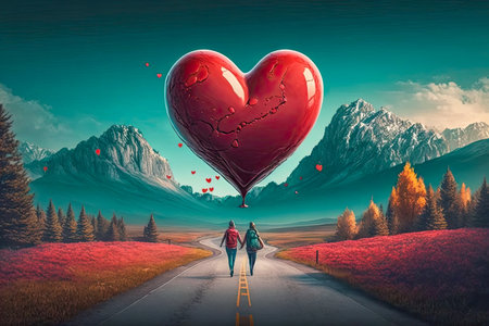 couple walking with heart-shaped balloons.の素材