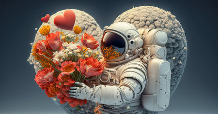 cosmonaut with a bouquet of flowers on the heart background.の素材