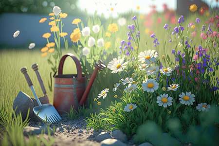 garden tools and flowers on meadow at sunny day.の素材