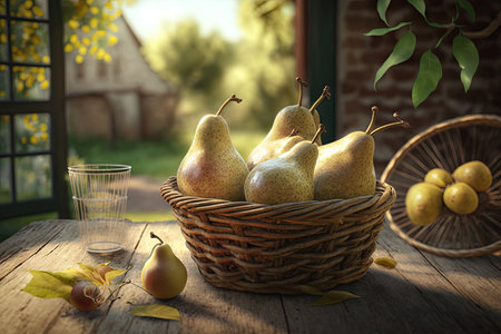 basket of pear lying on a wooden table.の素材