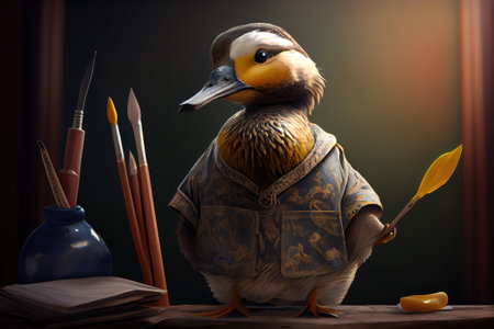 duck wearing painter smock and holding brushes.の素材