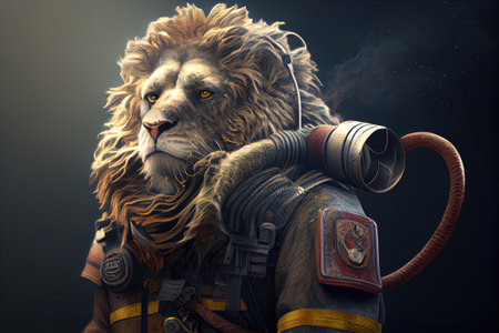 lion wearing a fire fighter uniform.の素材