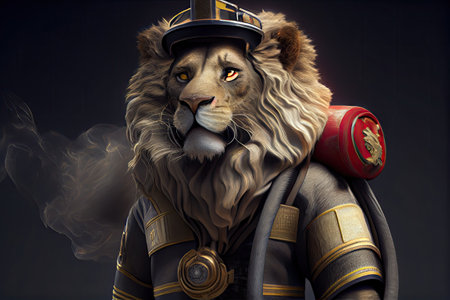 lion wearing a fire fighter uniform.の素材