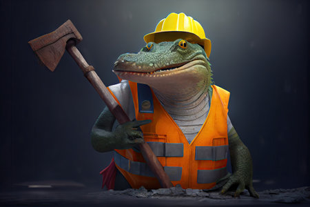 crocodile wearing a construction workers uniform.の素材
